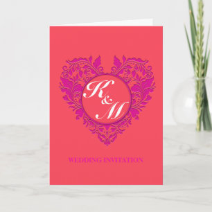 HeartyParty Raspberry and Magenta Damask Heart Invitation