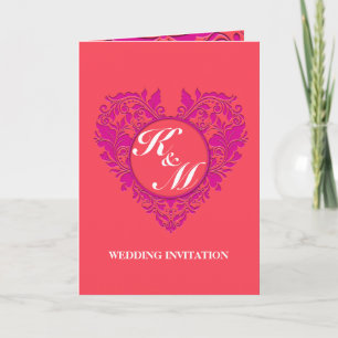 HeartyParty Raspberry and Magenta Damask Heart Invitation