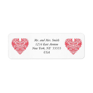 HeartyParty Raspberry Red And White Damask Heart Return Address Label