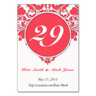 HeartyParty Raspberry Red And White Damask Heart Table Number