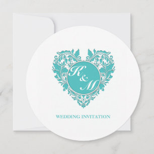HeartyParty Turquoise blue And White Damask Heart Invitation