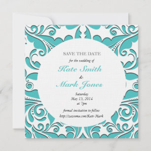 HeartyParty Turquoise blue And White Damask Heart Save The Date