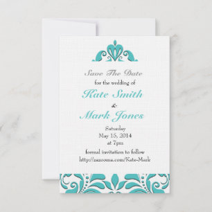 HeartyParty Turquoise blue And White Damask Heart Save The Date