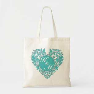 HeartyParty Turquoise blue And White Damask Heart Tote Bag