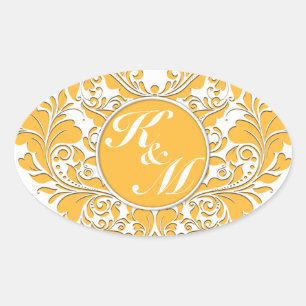 HeartyParty Yellow & White Damask Heart Oval Sticker