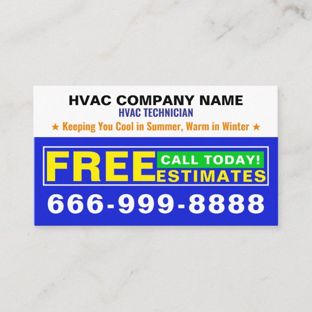 (Heat, Cool, AC Slogan) Free Estimates | Blue HVAC Business Card (Front)