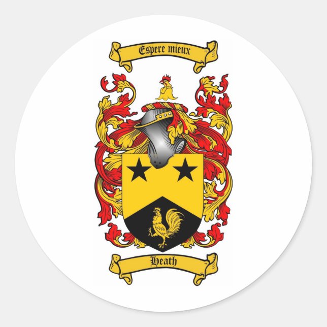 HEATH FAMILY CREST -  HEATH COAT OF ARMS CLASSIC ROUND STICKER (Front)