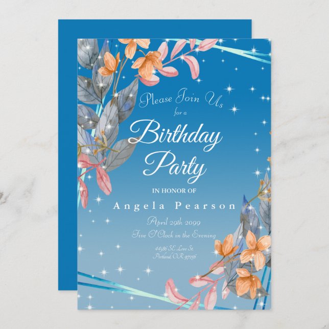Heather Blue Watercolor Flowers Birthday Party Invitation (Front/Back)