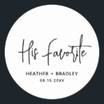 Heather Elegant Black White Minimal Modern Wedding Classic Round Sticker<br><div class="desc">Modern wedding favour stickers featuring a simple design with "His Favourite" in an elegant script typography along with your names and wedding date in a minimalist sans serif font. All design elements are in black and white. A chic design for any style of wedding. These custom stickers are great for...</div>