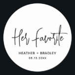 Heather Elegant Black White Minimal Modern Wedding Classic Round Sticker<br><div class="desc">Modern wedding favour stickers featuring a simple design with "Her Favourite" in an elegant script typography along with your names and wedding date in a minimalist sans serif font. All design elements are in black and white. A chic design for any style of wedding. These custom stickers are great for...</div>