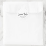 Heather Elegant Black White Minimal Modern Wedding Classic Round Sticker<br><div class="desc">Modern wedding favour stickers featuring a simple design with "Love and Thanks" in an elegant script typography and your names and wedding date in a minimalist sans serif font. All design elements are in black and white. These chic favour stickers add a nice touch to favours for any style of...</div>