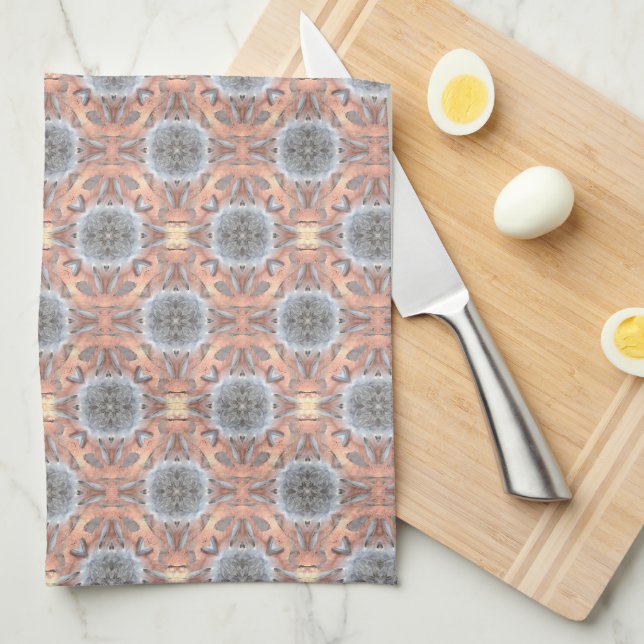 Heather Grey Abstract Flower Peach Lattice Fractal Tea Towel (Quarter Fold)