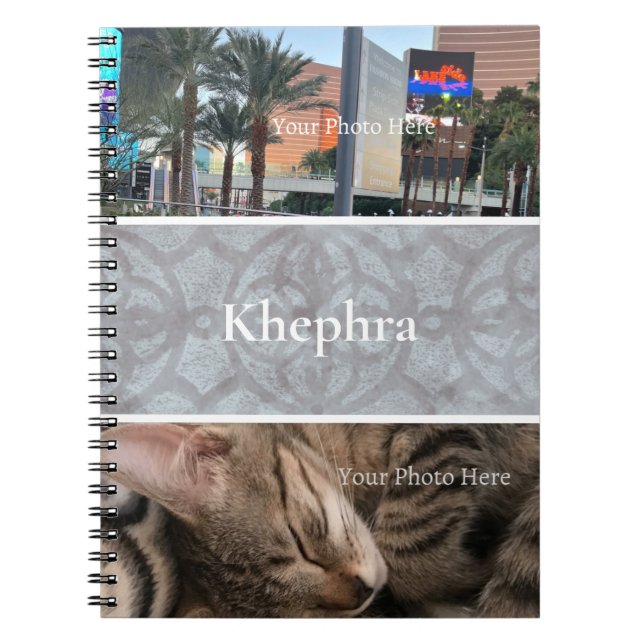 Heather Grey Batik Photo Collage, Border, Name  Notebook (Front)