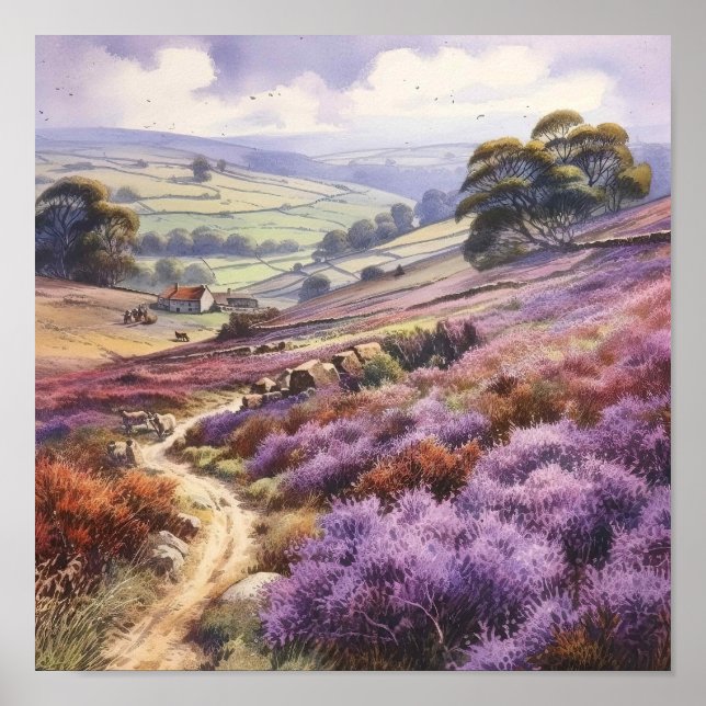 Heather Moorland Field In A Valley Landscape Poster (Front)