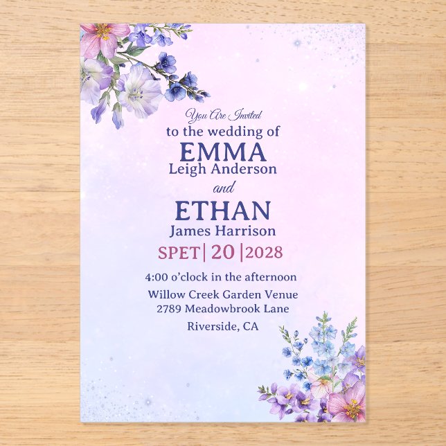 heather periwinkle plum lavender blue Wedding  Acrylic Invitations (Front)