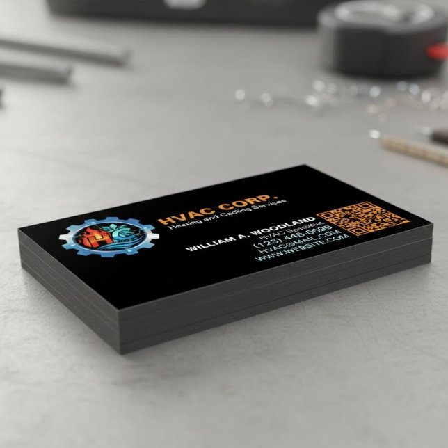Heating and Cooling (Logo & Qr Code) Black HVAC Magnetic Business Card (These HVAC magnets stick)
