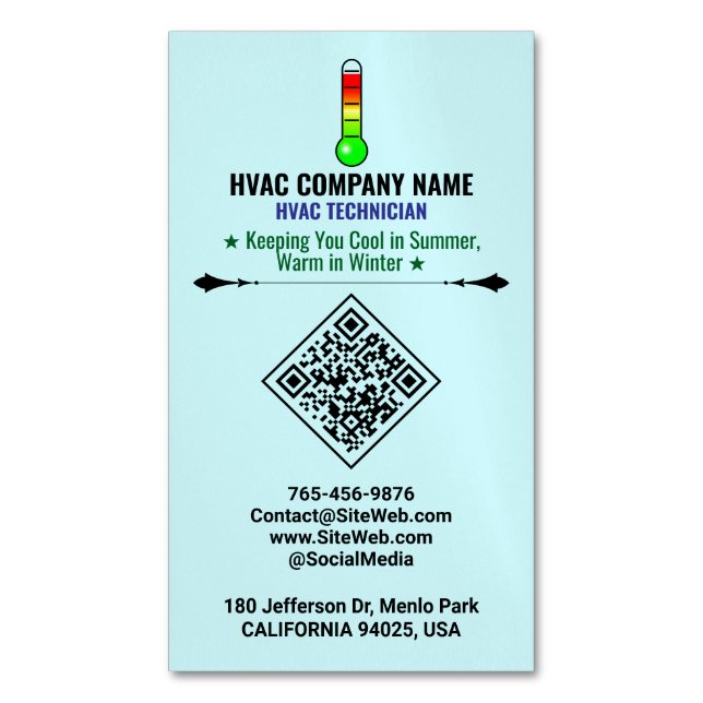 Heating and Cooling (QR Code, Logo & Slogan) HVAC Magnetic Business Card (Front Vertical)