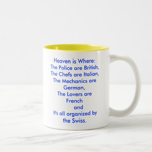 Heaven is Where:The Police are British,The Chef... Two-Tone Coffee Mug (Right)