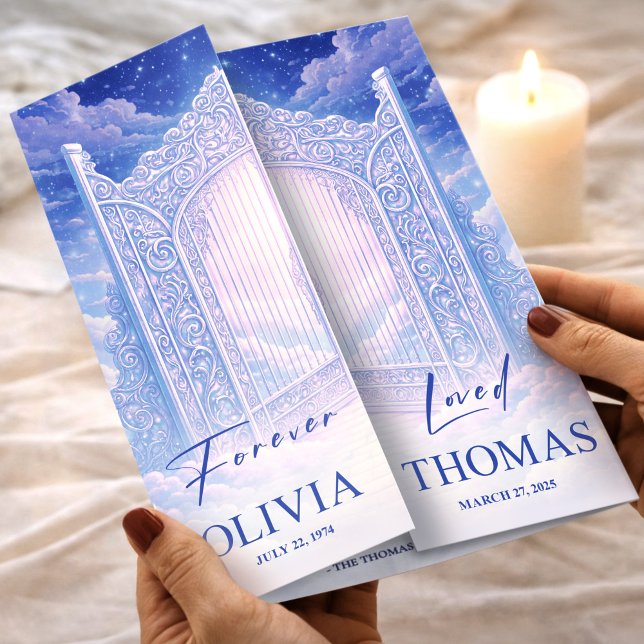 Heaven’s Gates Celebration of Life Funeral Program Flyer (Funeral Program Blue Heaven’s Gates Memorial Flyer, Funeral for Women, Loss of Mother)