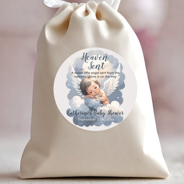 Heaven Sent Angel Baby In Clouds Baby Shower Classic Round Sticker (Creator Uploaded)
