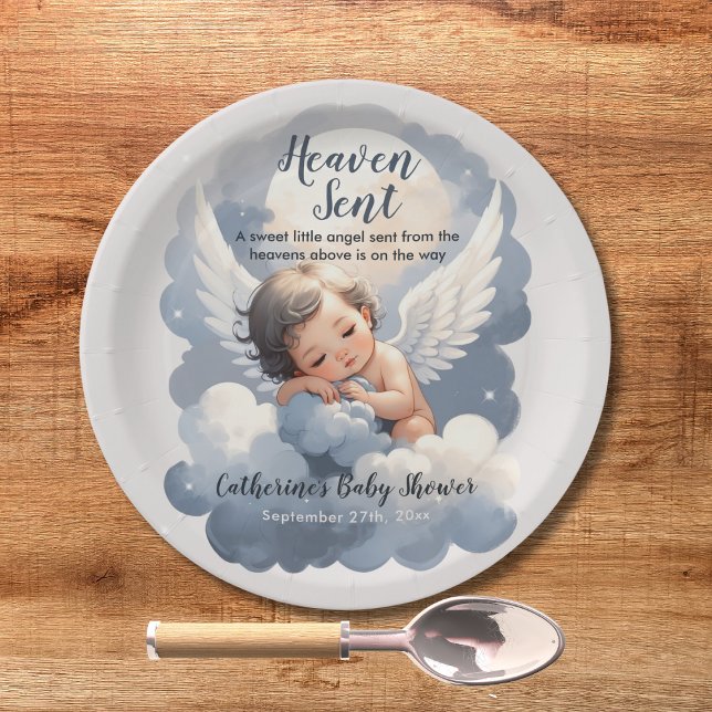Heaven Sent Angel Baby In Clouds Baby Shower Paper Plate (Creator Uploaded)