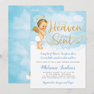 Heaven Sent Angel Boy Baby Shower Invitation
