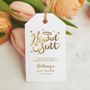 Heaven Sent Baby Shower Favour Gold Glitter Gift Tags