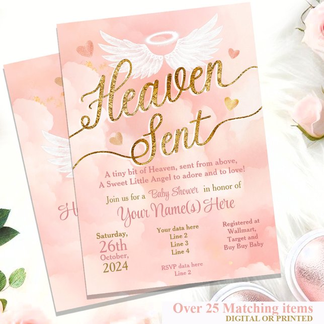 Heaven Sent Baby Shower Invitation - Little Angel (Pink and Gold Little Baby Girl Angel Sent from Heaven (Heaven Sent) Invitation template or Printed)