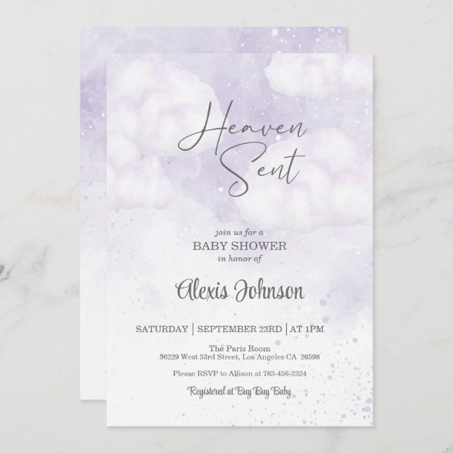 Heaven Sent Baby Shower Purple Invitation (Front/Back)