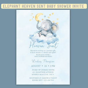 Heaven Sent Blue Elephant Baby Shower Invitation