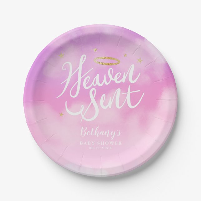 Heaven Sent Christian Theme Baby Shower Pink Paper Plate (Front)