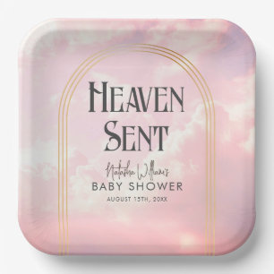 Heaven Sent Clouds Pink Golden Arch Baby Shower Paper Plate