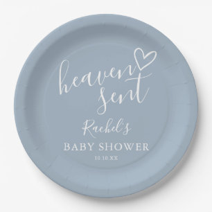 Heaven Sent Dusty Blue Boy Baby Shower Paper Plate