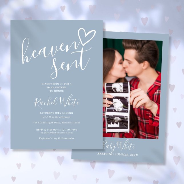 Heaven Sent Dusty Blue Photo Boy Baby Shower Invitation (Heaven Sent Dusty Blue Photo Boy Baby Shower Invitation)