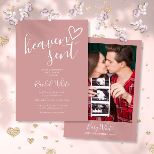 Heaven Sent Dusty Rose Pink Photo Girl Baby Shower Invitation