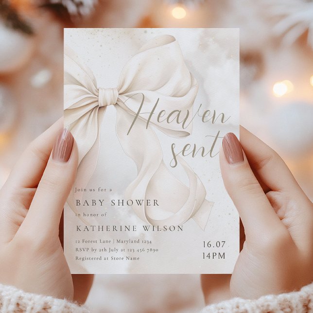 Heaven Sent Elegant White Bow Invitation (Creator Uploaded)