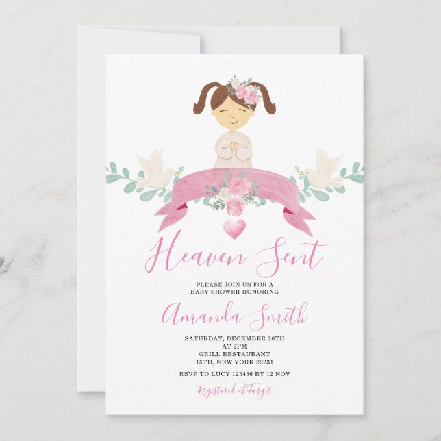 Heaven Sent Little Angel Baby Shower Pink Floral  Invitation (Front)