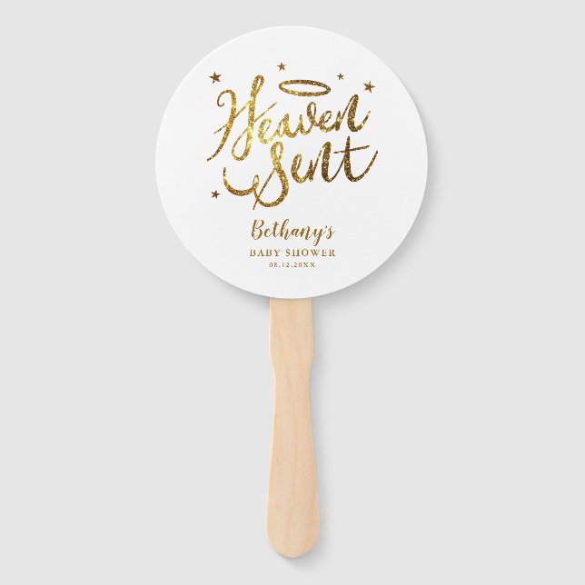 Heaven Sent White and Gold Baby Shower Hand Fan (Front)