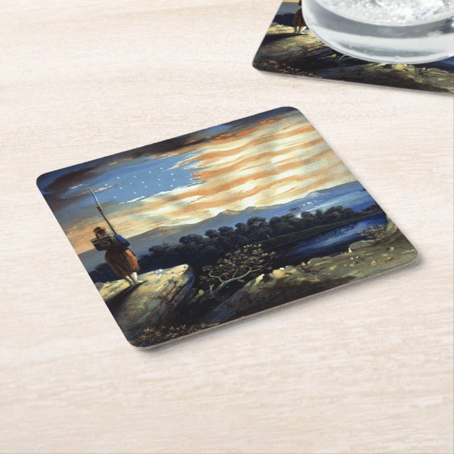 Heavenly American Flag in Sky, Zouave Civil War Square Paper Coaster (Angled)
