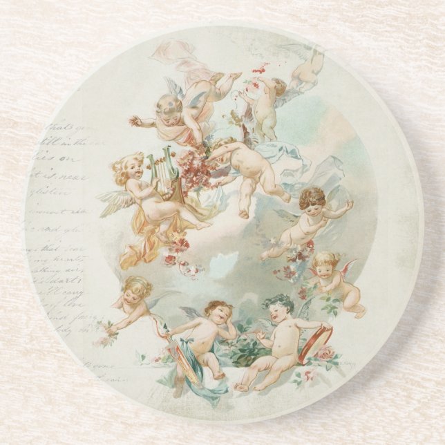 Heavenly Angel Cherubs Vintage Script Coaster (Front)