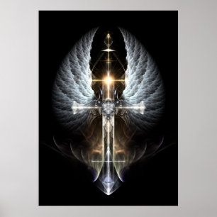 Heavenly Angel Wing Cross Fractal Art Black Bkgnd Poster