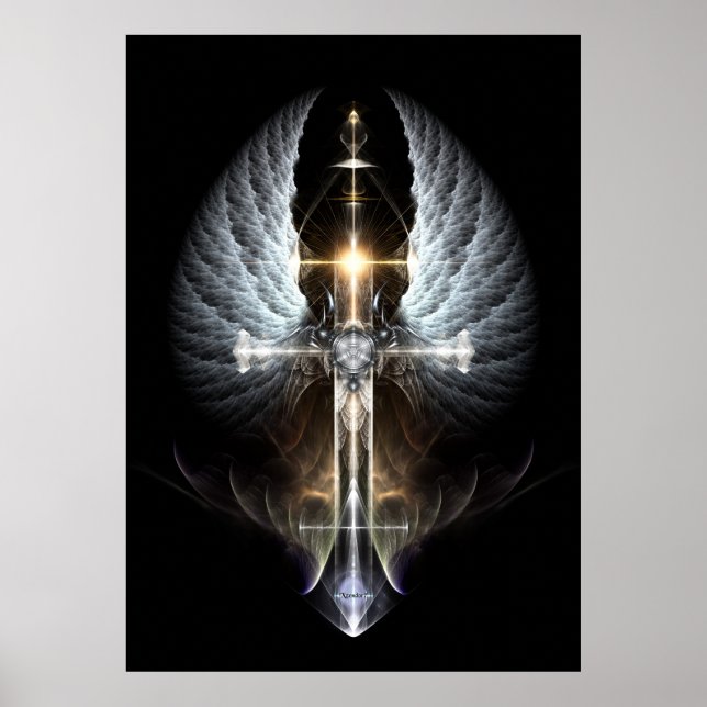 Heavenly Angel Wing Cross Fractal Art Black Bkgnd Poster (Front)