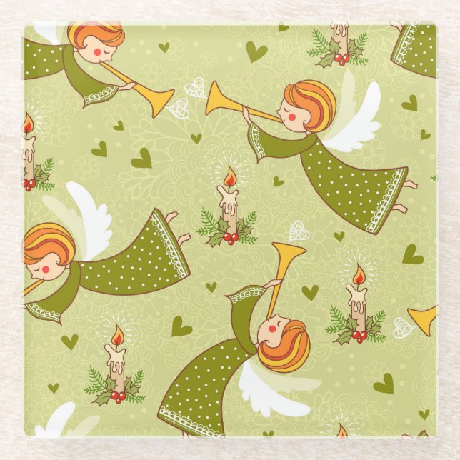 Heavenly Angels: Vintage Childish Pattern Glass Coaster (Front)