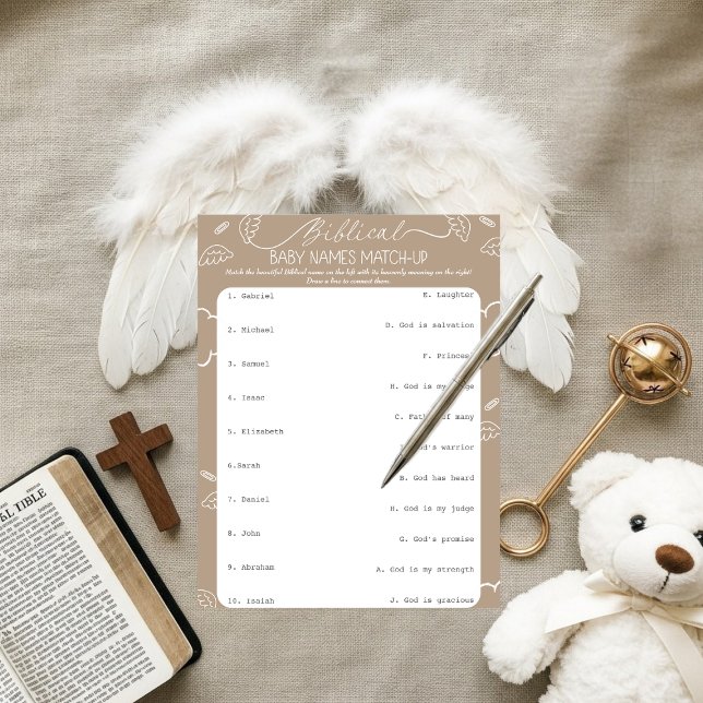 Heavenly Beige Biblical Baby Names Match-Up   Invitation (Heavenly Beige Biblical Baby Names Match-Up)