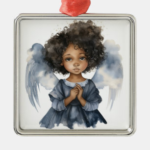 Heavenly Black Angel in Blue Serenity Metal Ornament