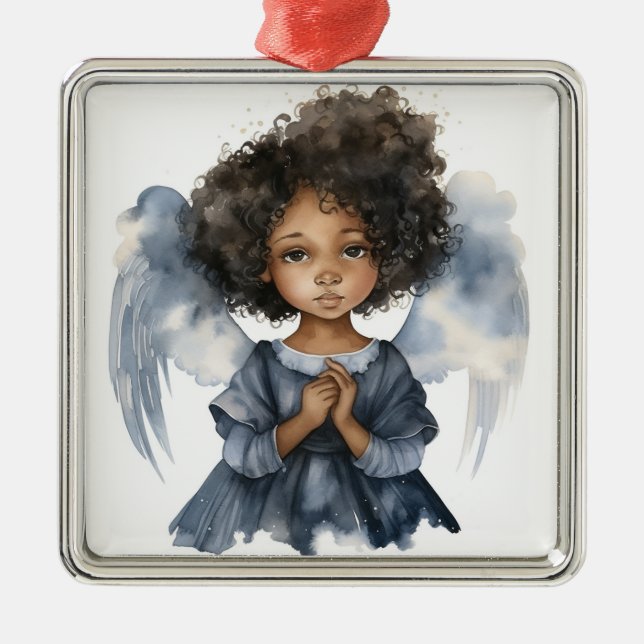 Heavenly Black Angel in Blue Serenity Metal Ornament (Front)