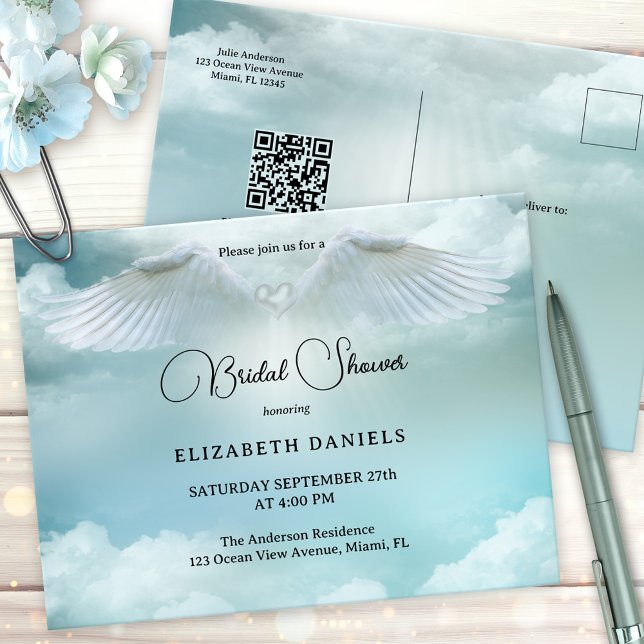 Heavenly Blessings Angel Bridal Shower Invitation Postcard (Bridal shower invitation postcard featuring a heavenly scene with dream clouds and angel wings)