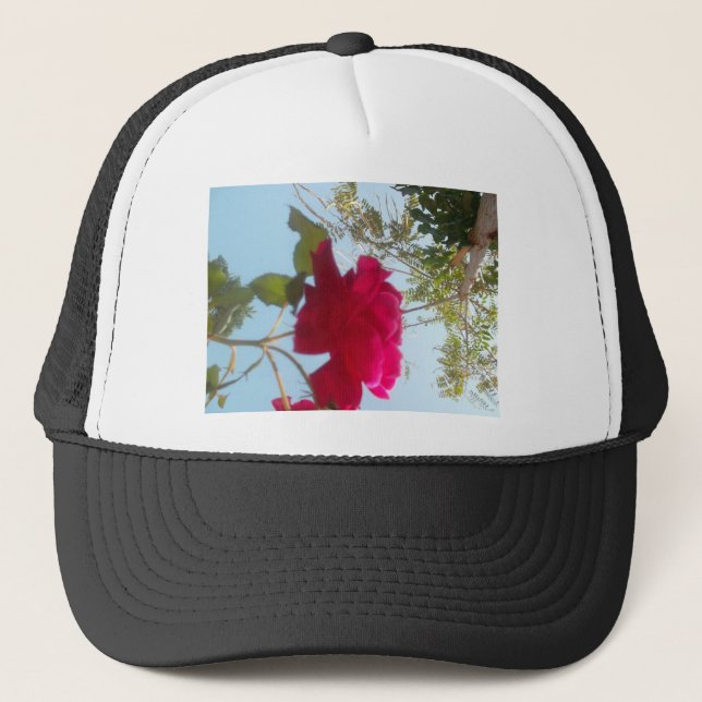 Heavenly Bloom: A Rose Against the Sky Trucker Hat (Front)