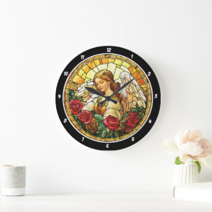 Heavenly Blossom Stained Glass Angel Floral Wall Large Clock