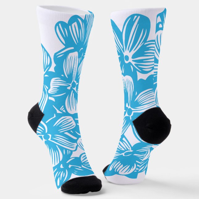 Heavenly Blue Botanical Hydrangea Flower Blossoms Socks (Angled)